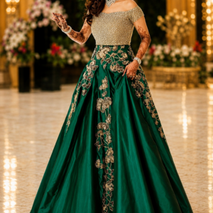 Emerald Green Lehenga with Golden Off-Shoulder Blouse - FIND5STAR