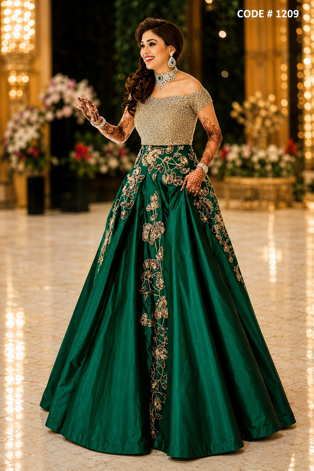 Emerald Green Lehenga with Golden Off-Shoulder Blouse - FIND5STAR